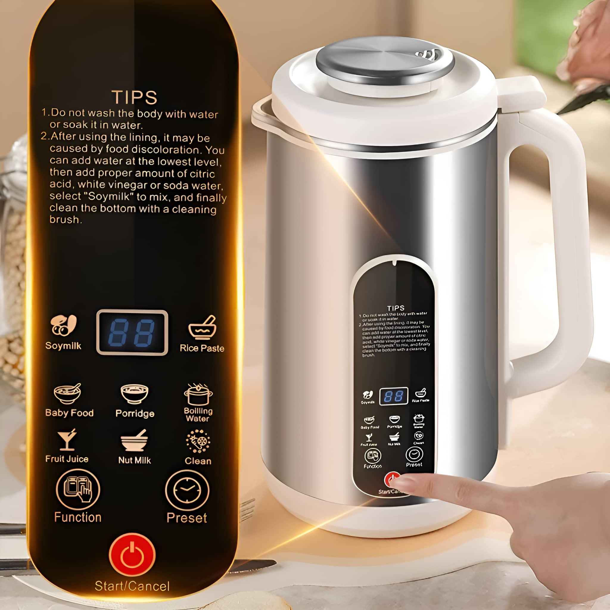 Ein silber-weißer Sojamilchbereiter mit Touchscreen und Knöpfen, mit Anweisungen.
