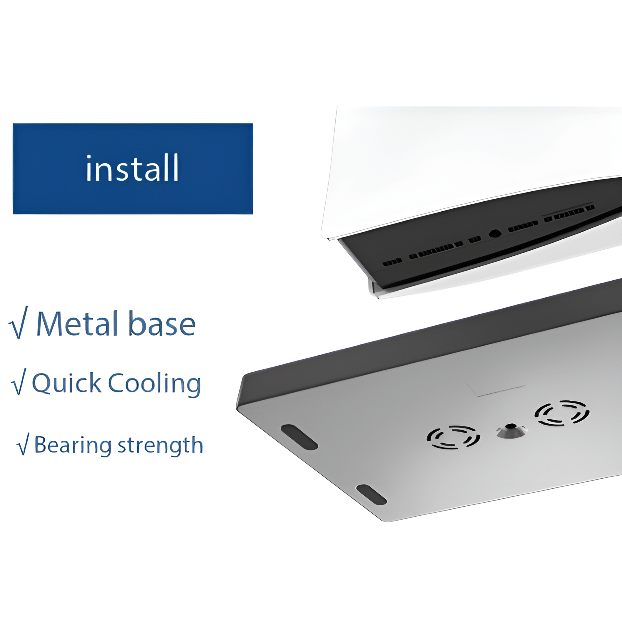 Eine weiße Konsole, die auf einer schwarzen Basis installiert wird. Text: Metallsockel, Schnelle Kühlung, Tragfähigkeit.