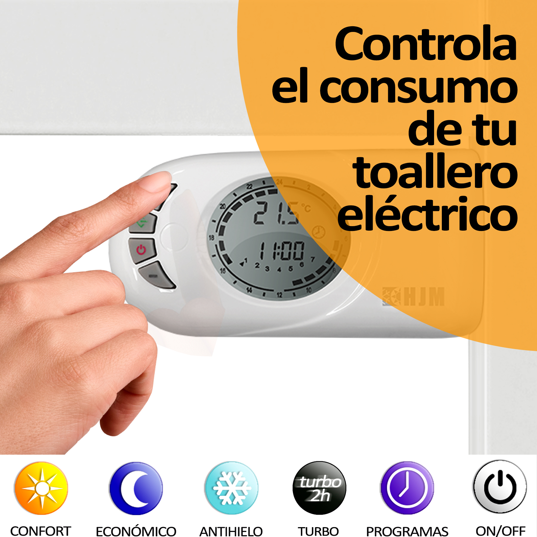 Panel de control blanco con una mano tocándolo. Muestra la hora y la temperatura. Se muestran varios iconos.