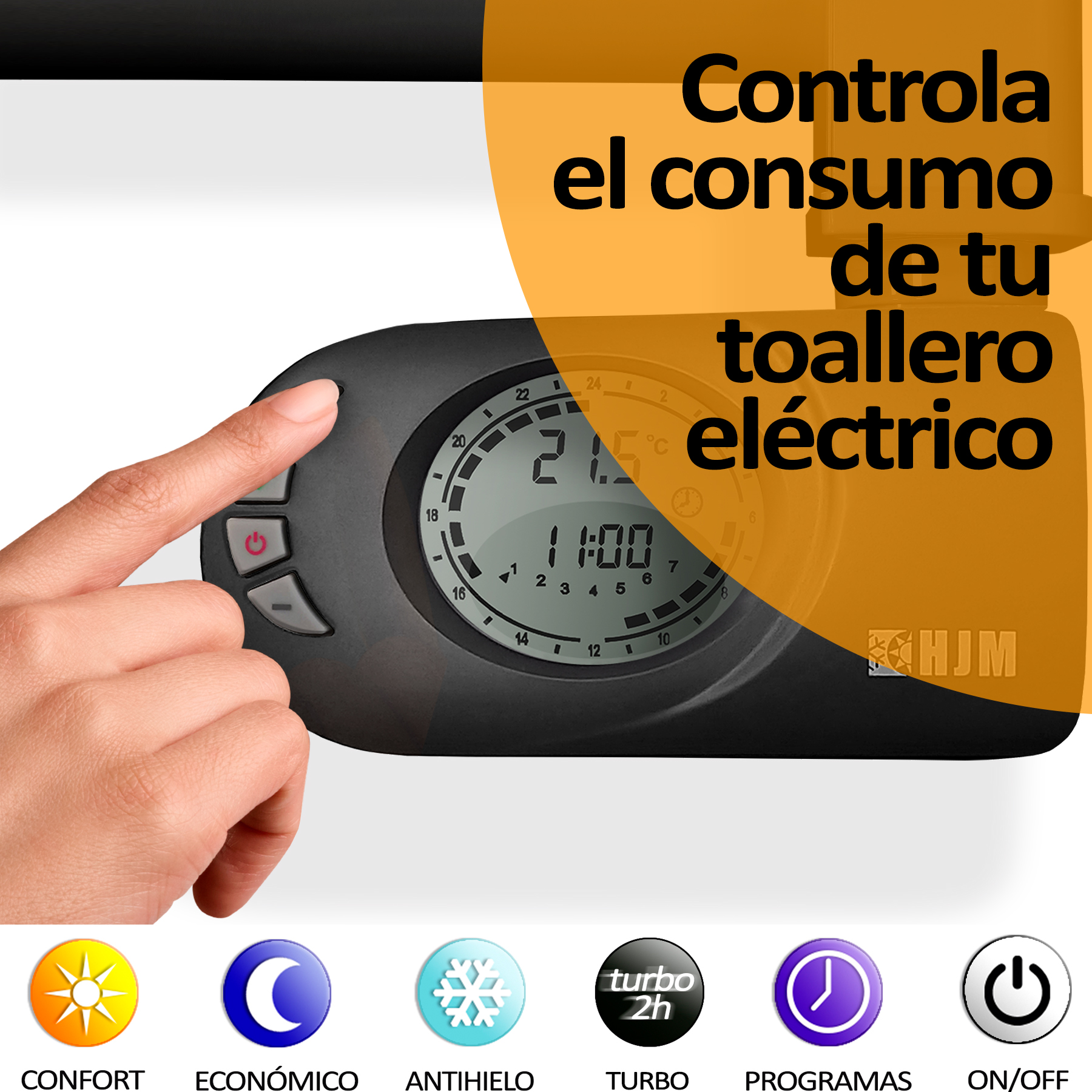 Panel de control de toallero eléctrico negro con texto e iconos.