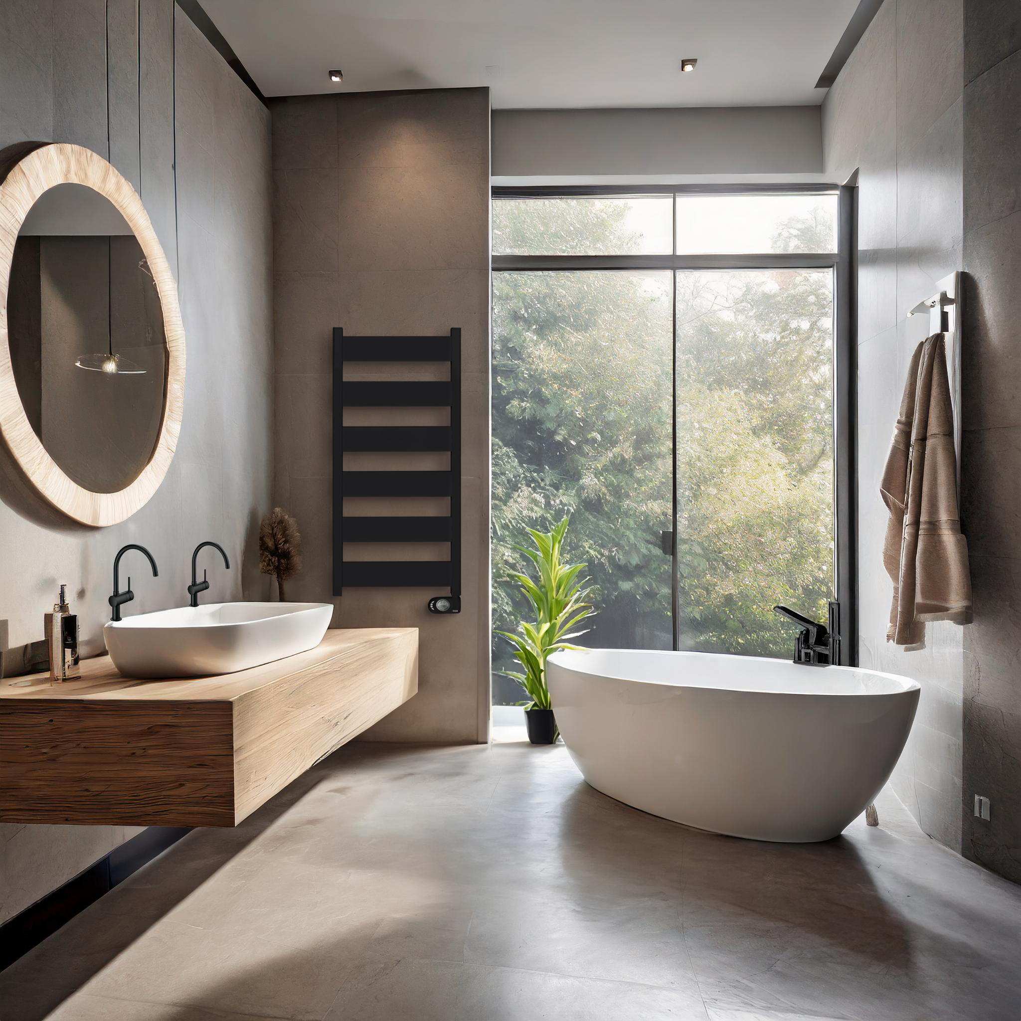 Un baño moderno con un toallero negro, una ventana grande y una bañera blanca.