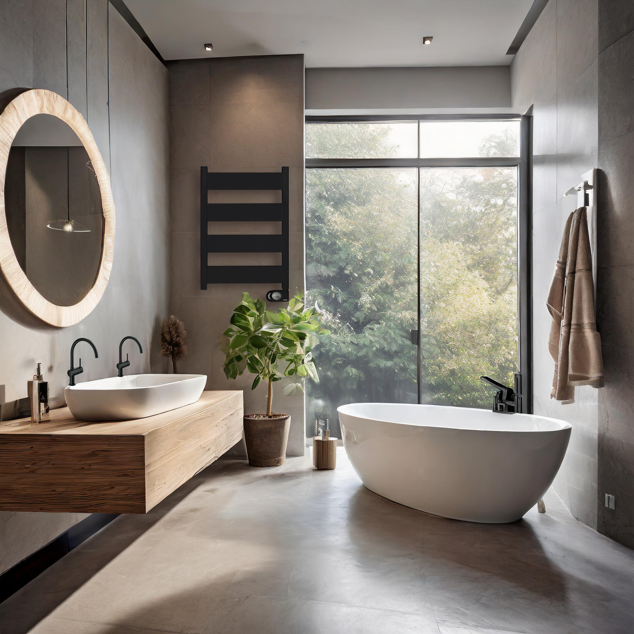 Un baño moderno con bañera, tocador de madera y ventana grande con árboles.