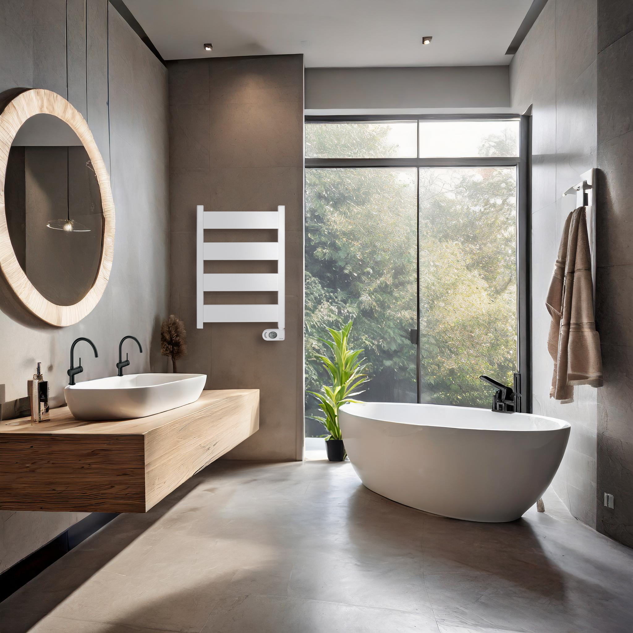 Interior de baño: bañera, lavabo, espejo y radiador de toallas.