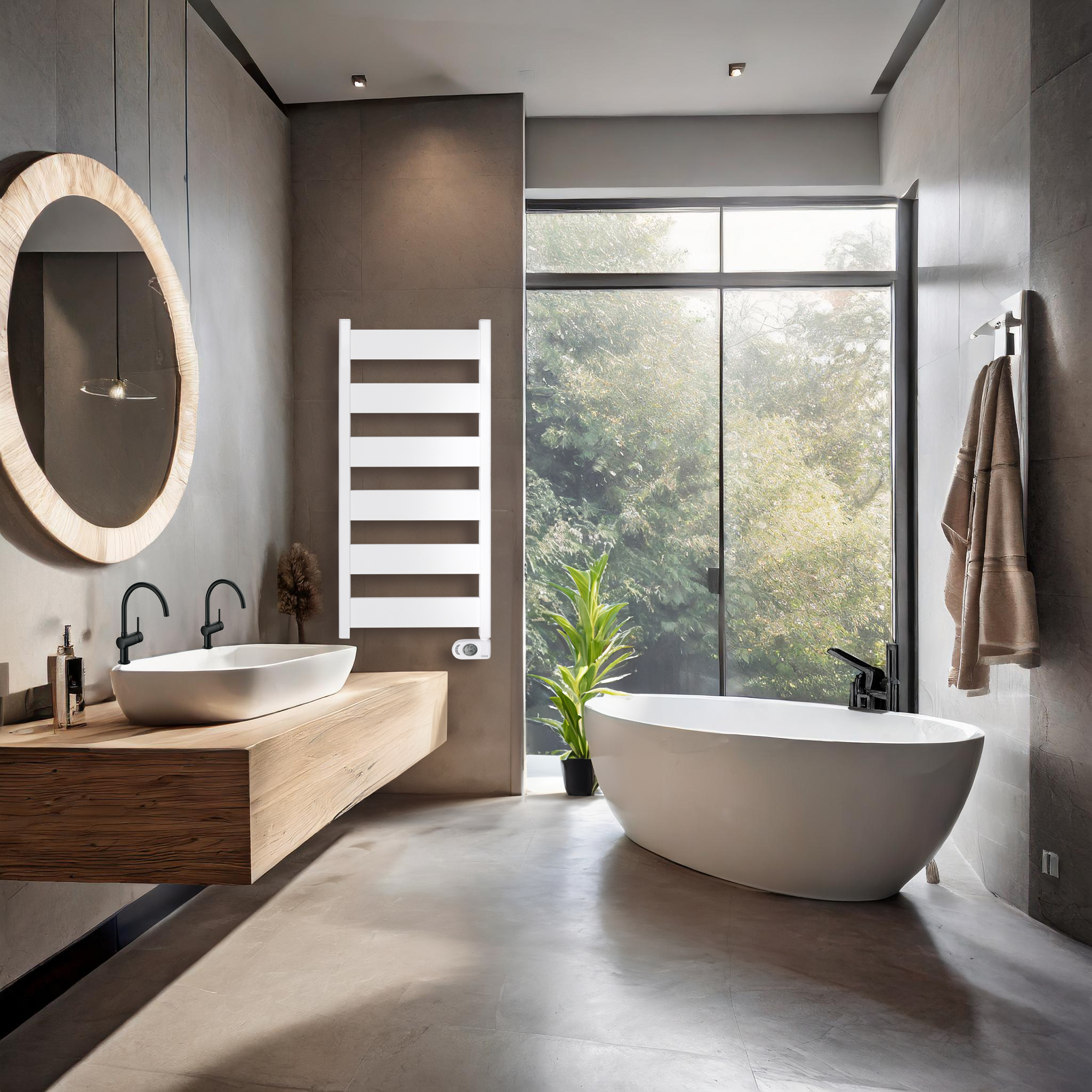 Un baño con una bañera blanca, un tocador de madera y una ventana grande.