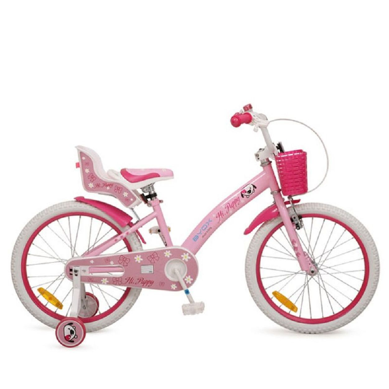 Ein rosa Kinderfahrrad mit Stützrädern, Korb und Puppensitz.