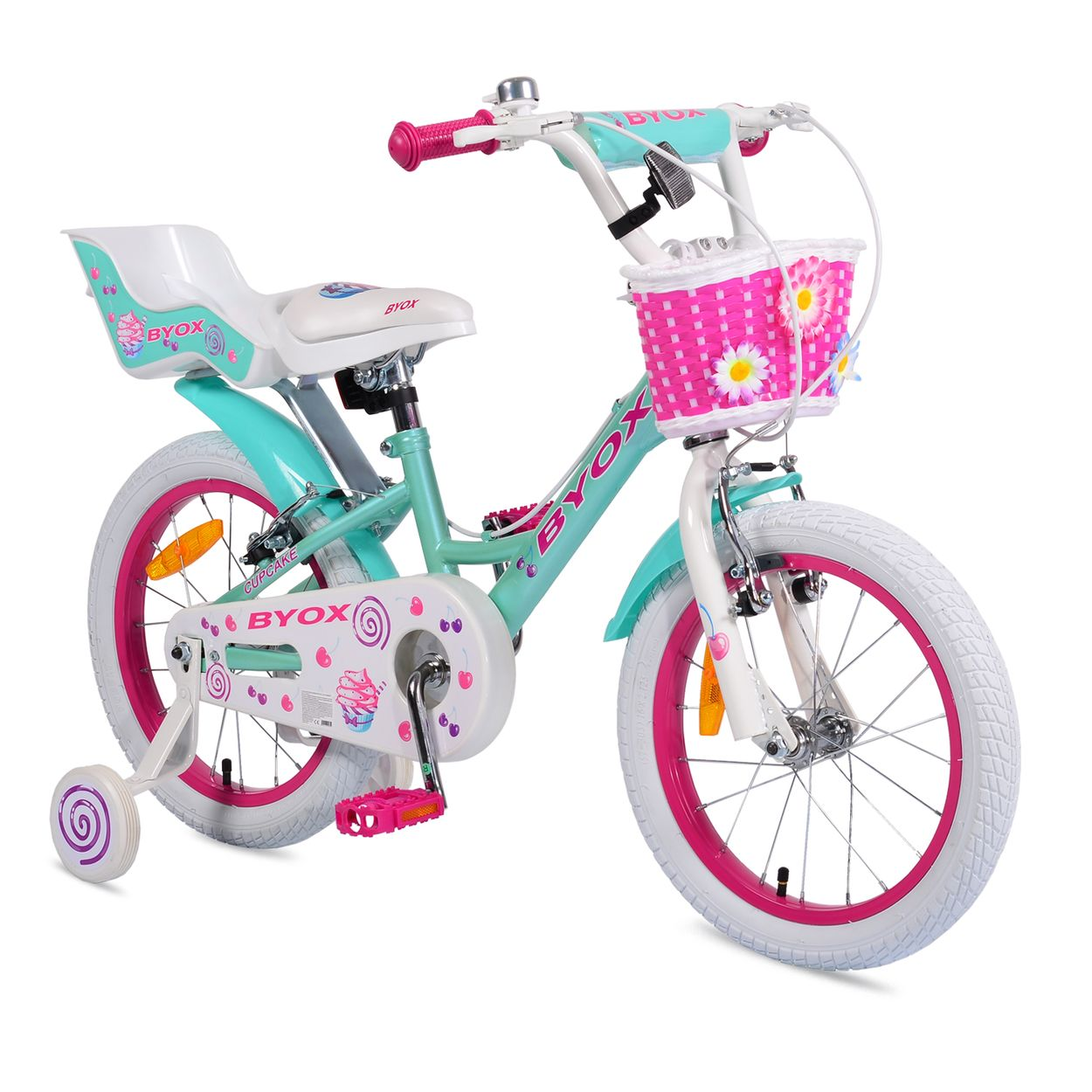 Türkisfarbenes Fahrrad mit Stützrädern, rosa Korb und weißen Reifen. Mit Cupcake-Motiv.