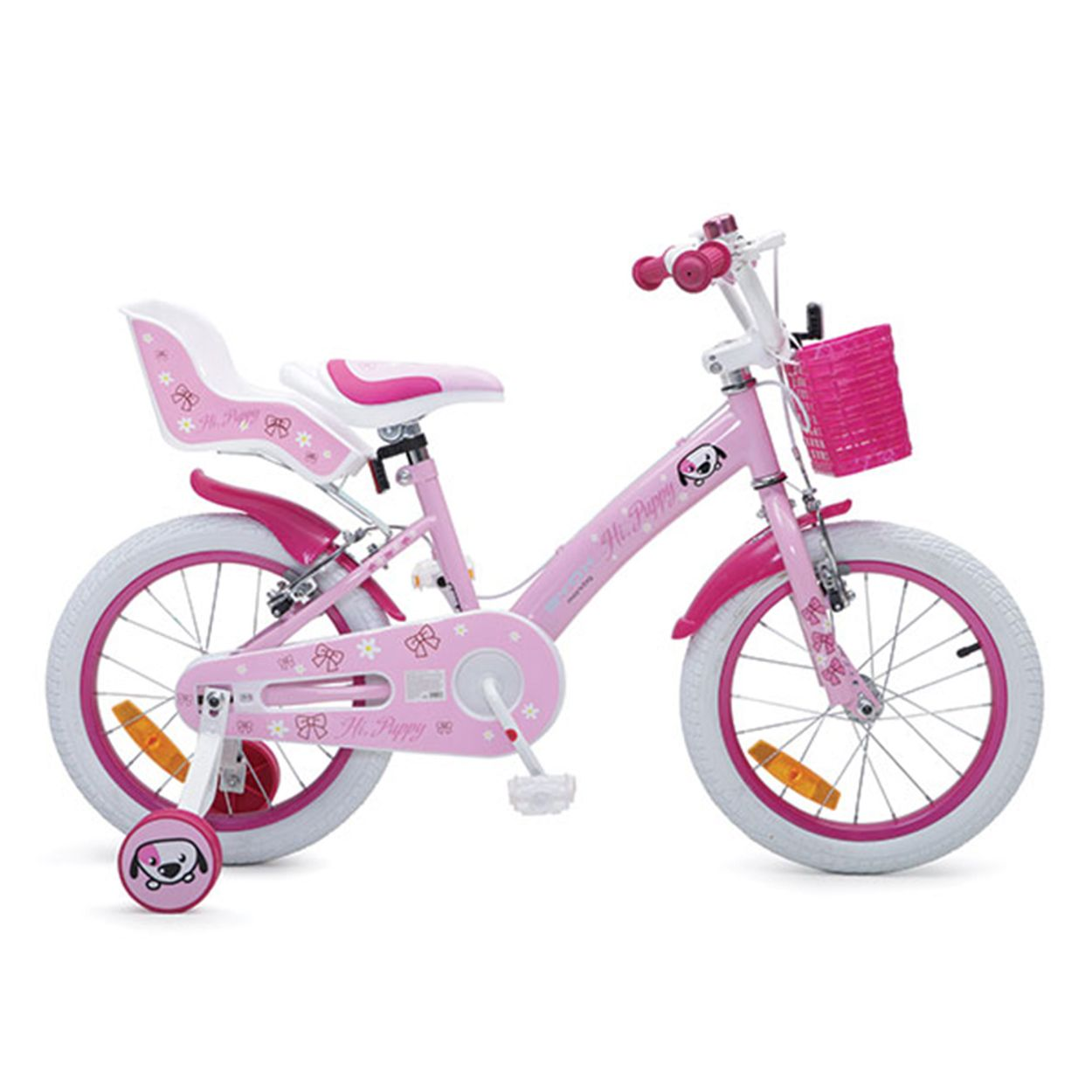 Rosa Kinderfahrrad, Stützräder, Korb vorne, Sitz hinten. Weiße Reifen.