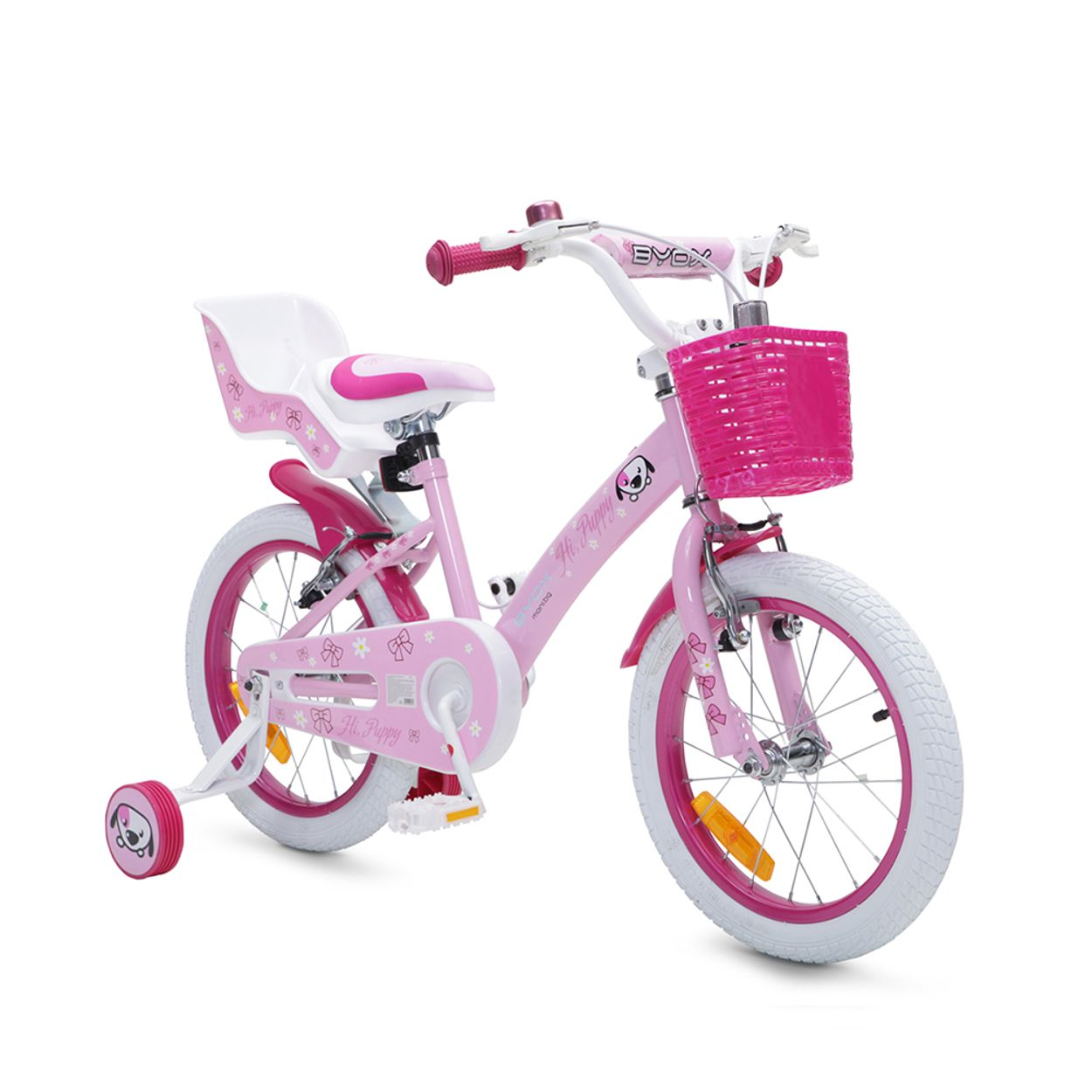 Rosa Kinderfahrrad mit Stützrädern und einem Korb.