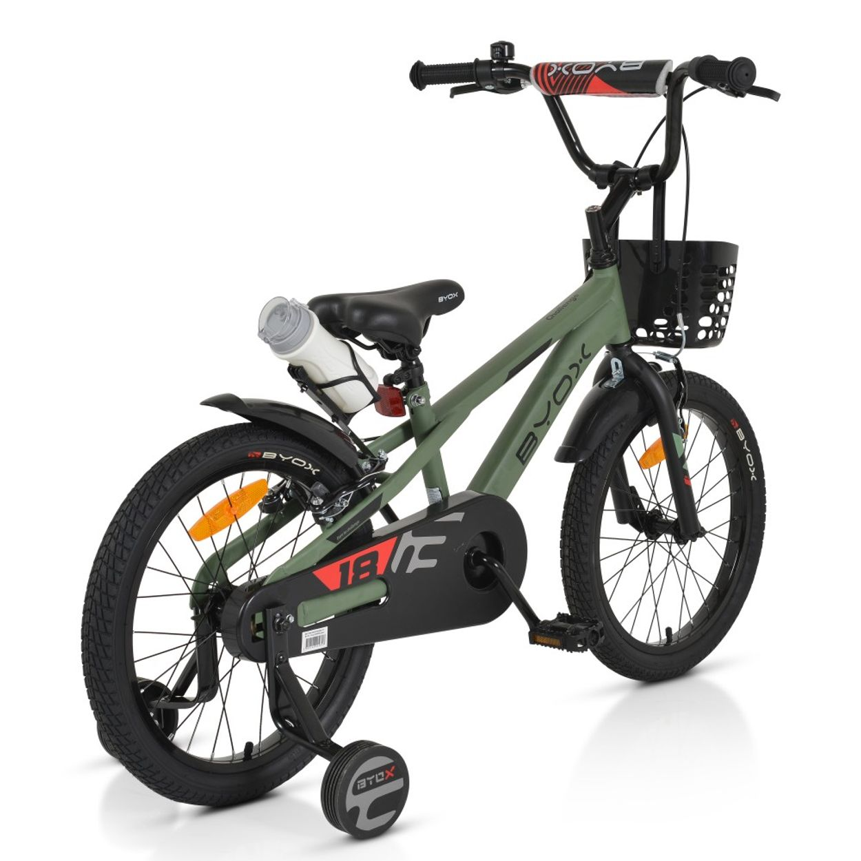 Grünes und schwarzes BYOX Kinderfahrrad mit Stützrädern und schwarzem Korb.