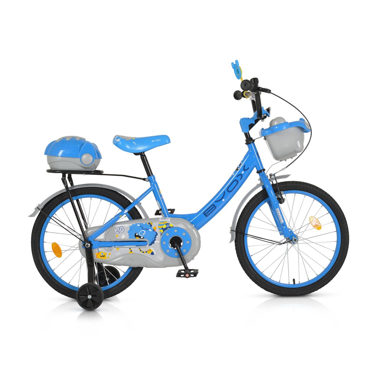Blaues und graues Kinderfahrrad auf weißem Hintergrund, mit Stützrädern.
