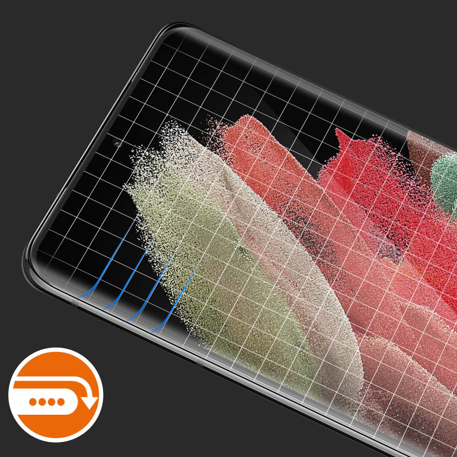 Un proteggi schermo per smartphone mostra strisce colorate e strutturate con una sovrapposizione a griglia. Un'icona circolare in basso.