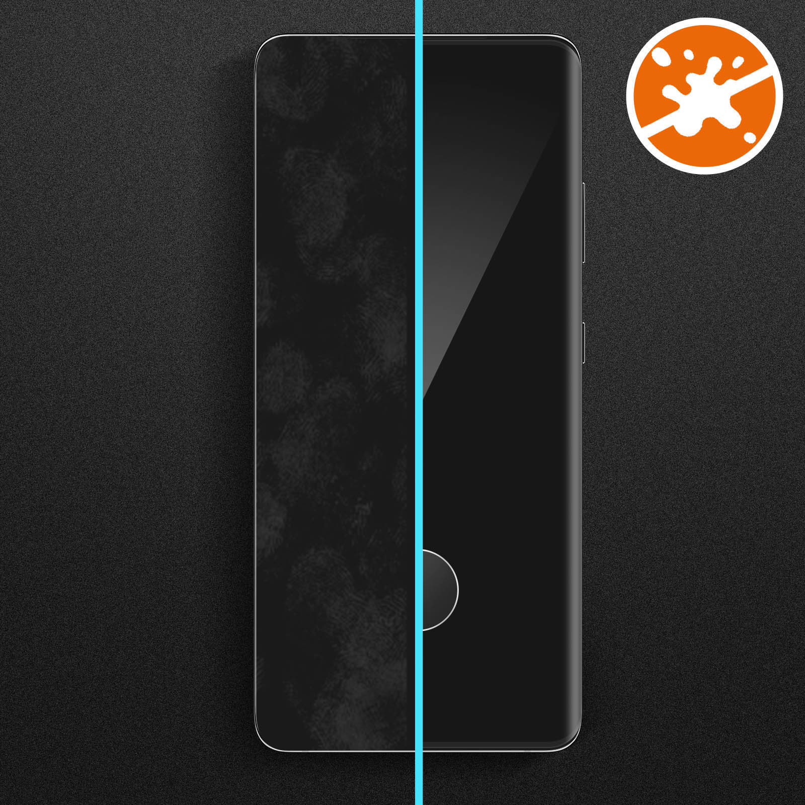 Uno schermo del telefono diviso. Il lato sinistro è coperto di impronte digitali, il lato destro è pulito. Un'icona indica assenza di impronte.