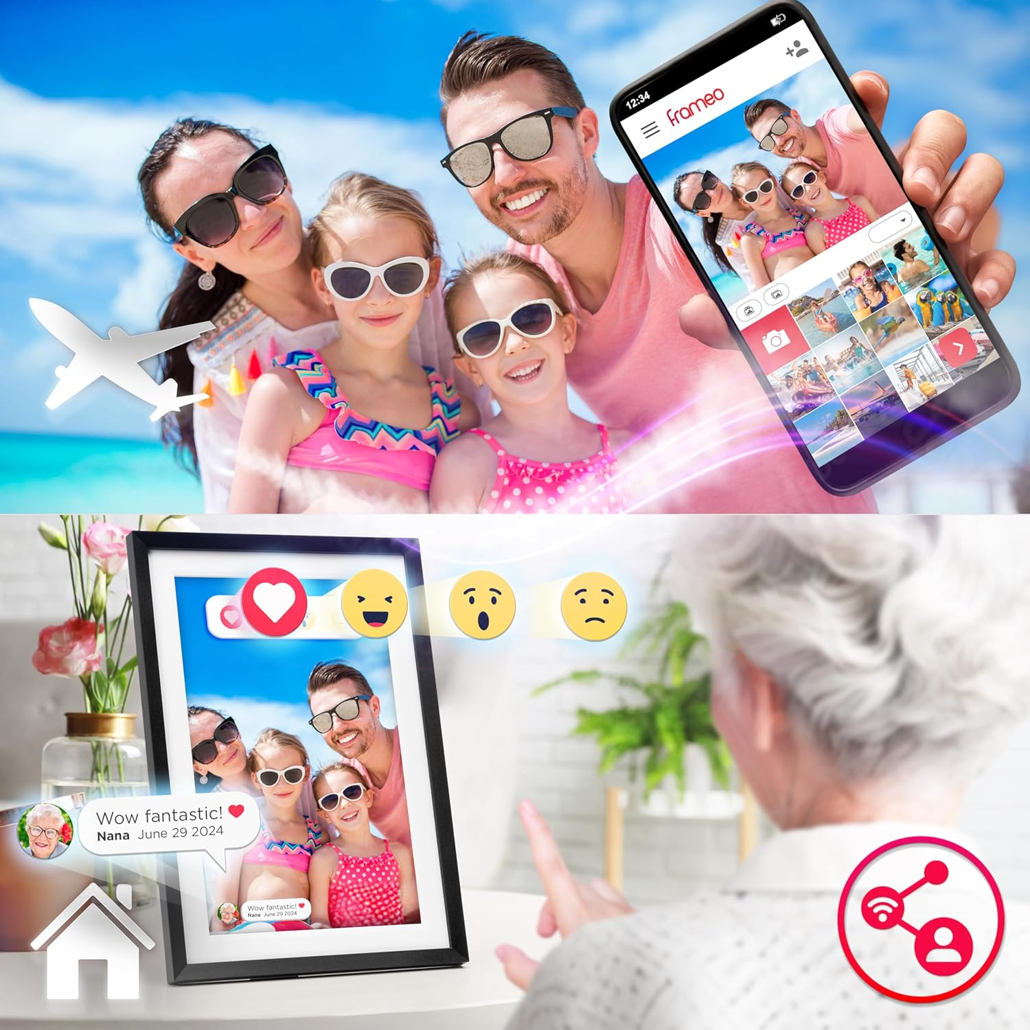 Familienfoto auf einem Telefon und einem Rahmen. Eine Frau hält das Telefon.