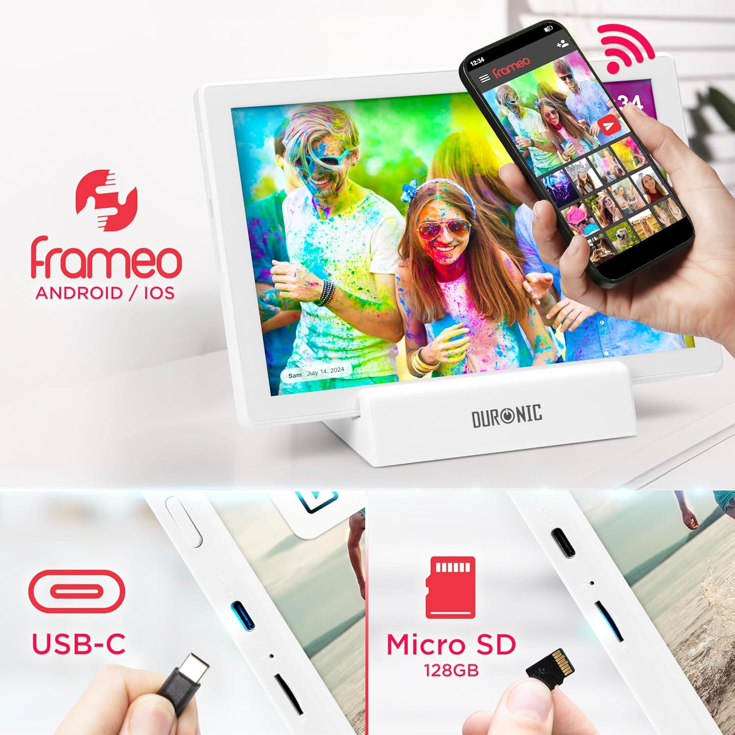 Ein digitaler Fotorahmen mit Smartphone, Nahaufnahmen von Anschlüssen und einem USB-C-Kabel.
