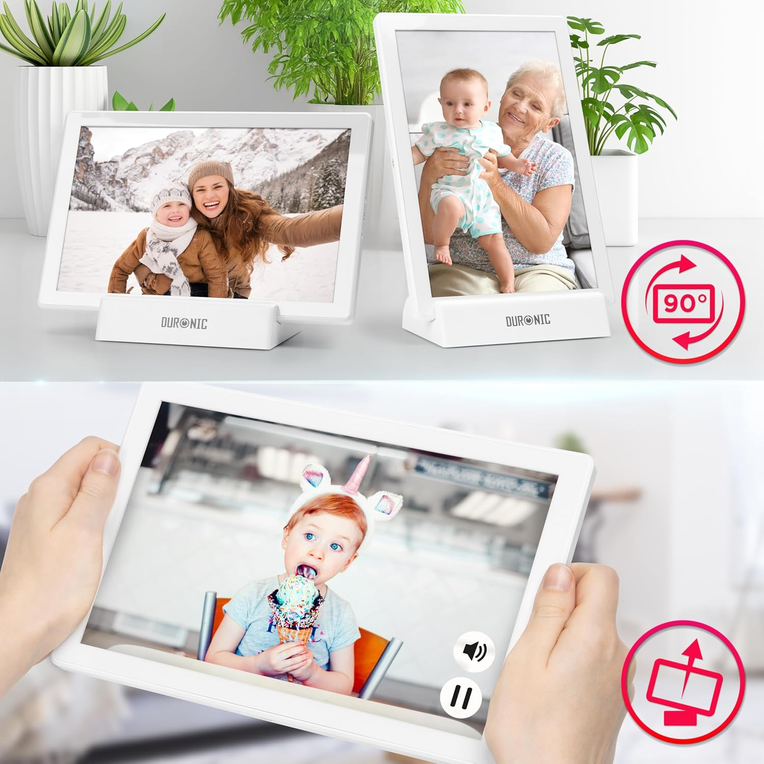 Digitale Bilderrahmen. Einer zeigt eine Frau und ein Kind, der andere eine Großmutter und ein Baby.