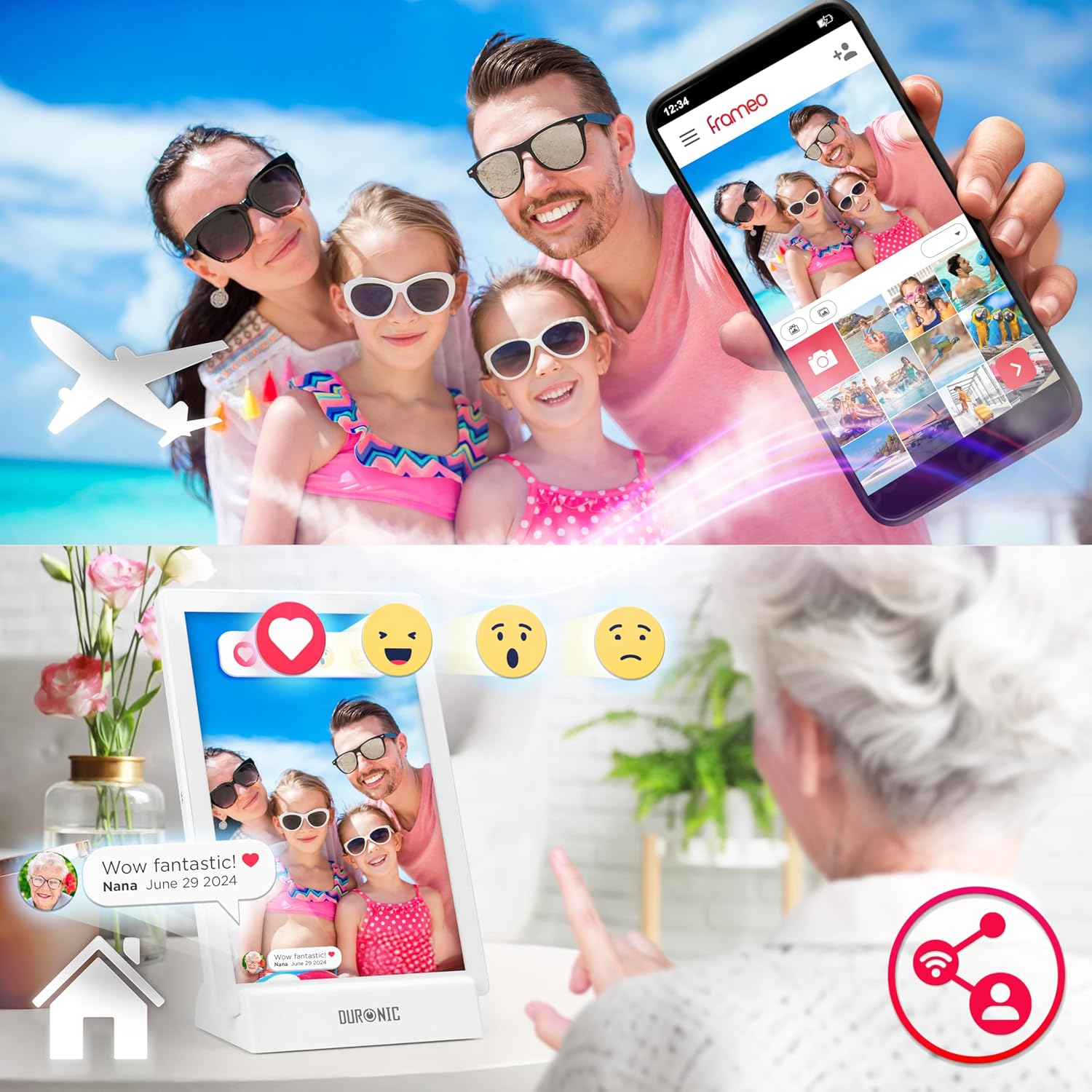 Demo einer Familienfoto-Sharing-App auf einem Telefon, mit Familienporträt und verbundener Oma.