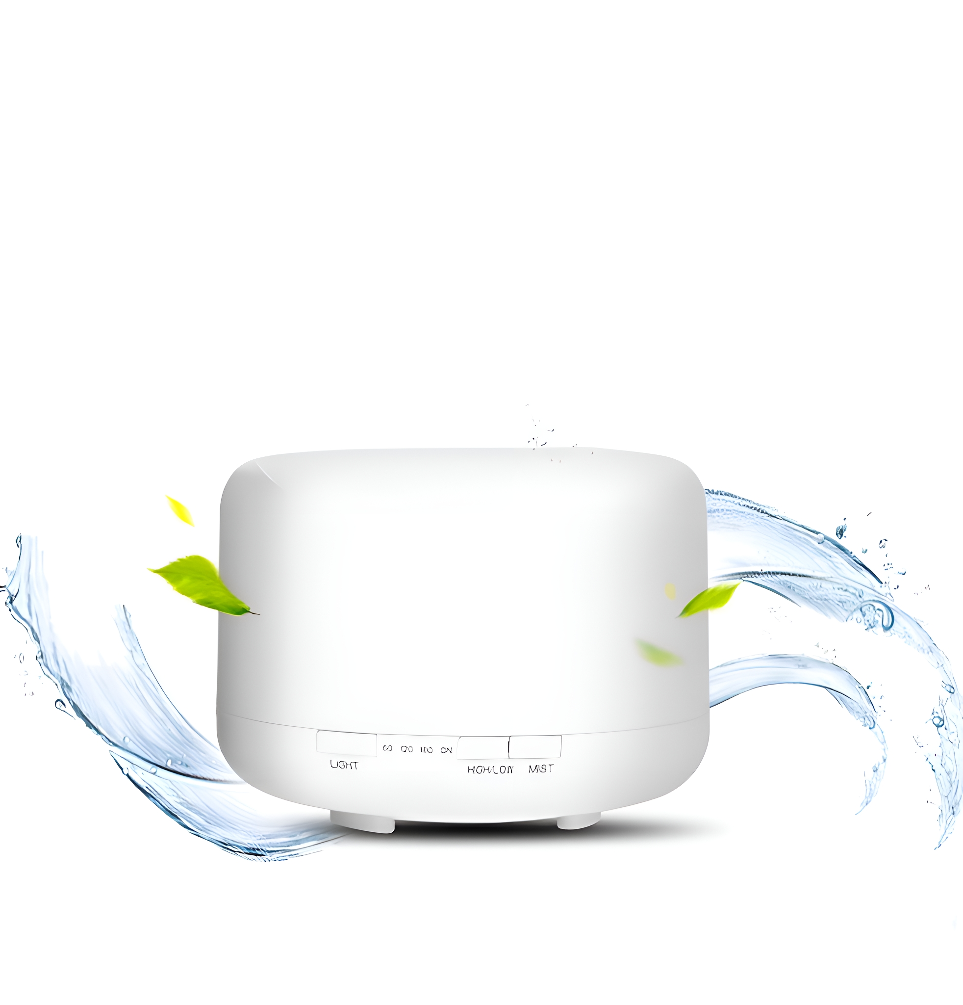 Ein weißer Luftdiffusor mit Wasserspritzern und grünen Blättern.