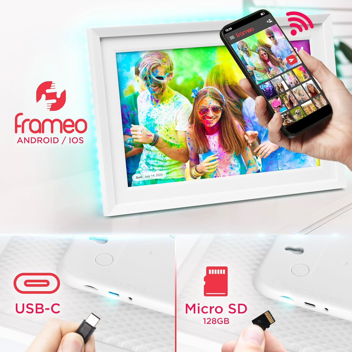 Ein Fotorahmen und ein Telefon sind mit einem USB-C-Kabel und einer Micro-SD-Karte verbunden.