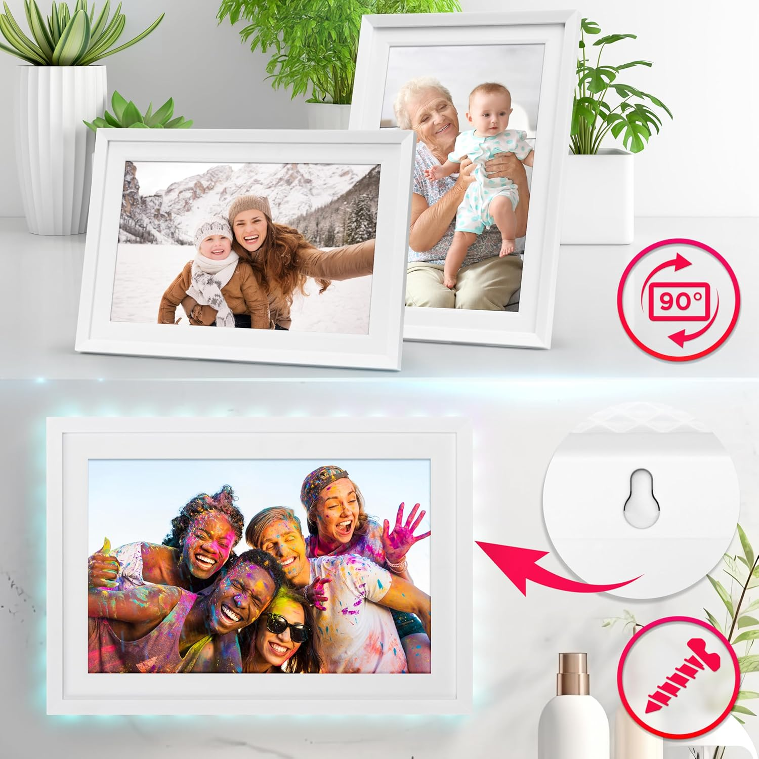 Weiß gerahmte Fotos auf einer weißen Oberfläche. Menschen sind auf den Fotos zu sehen. Eine Schraube und ein Haken sind abgebildet.