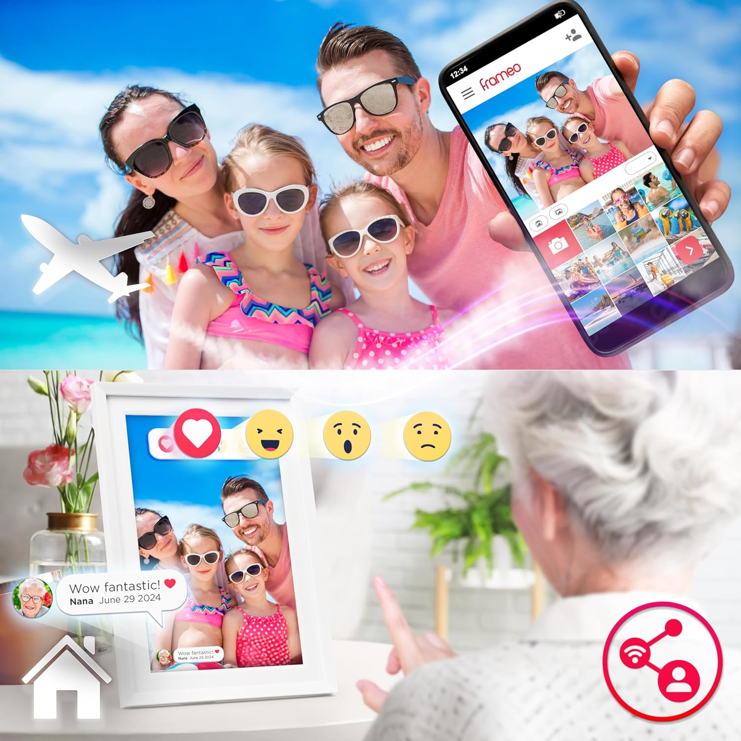 Familie mit einem Telefon mit Fotos. Ein digitaler Bilderrahmen zeigt die gleichen Fotos in der Nähe.