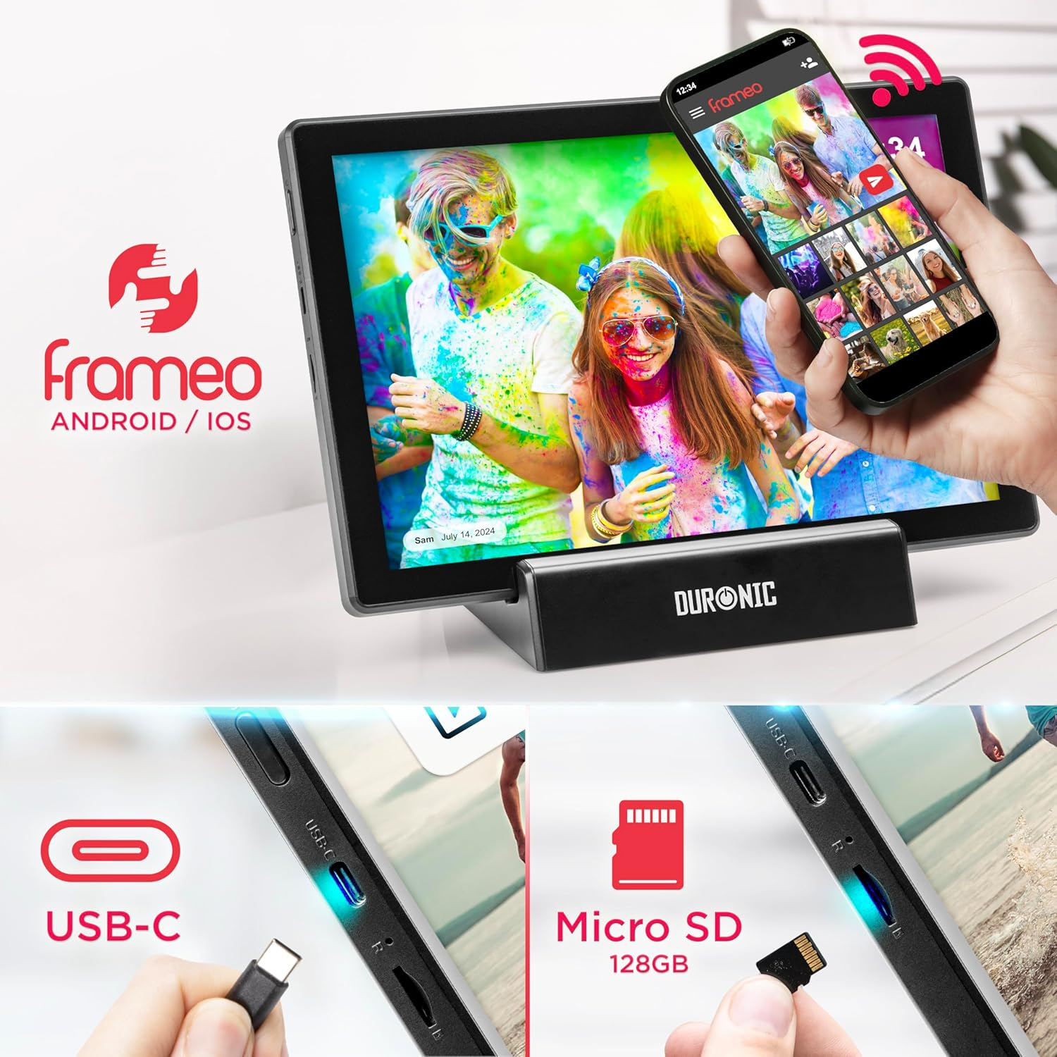 Tablet und Smartphone mit Foto eines Paares. Zubehör: USB-C-Kabel und Micro-SD-Karte.