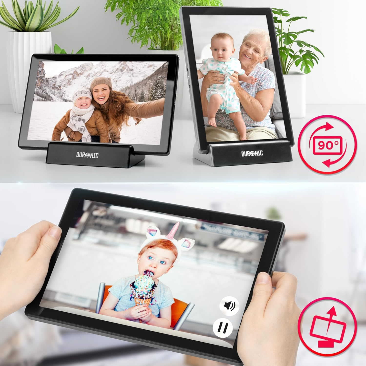 Drei Tablets mit Fotos, zwei stehen, eins wird gehalten. Ein rotes 90-Grad-Symbol wird angezeigt.
