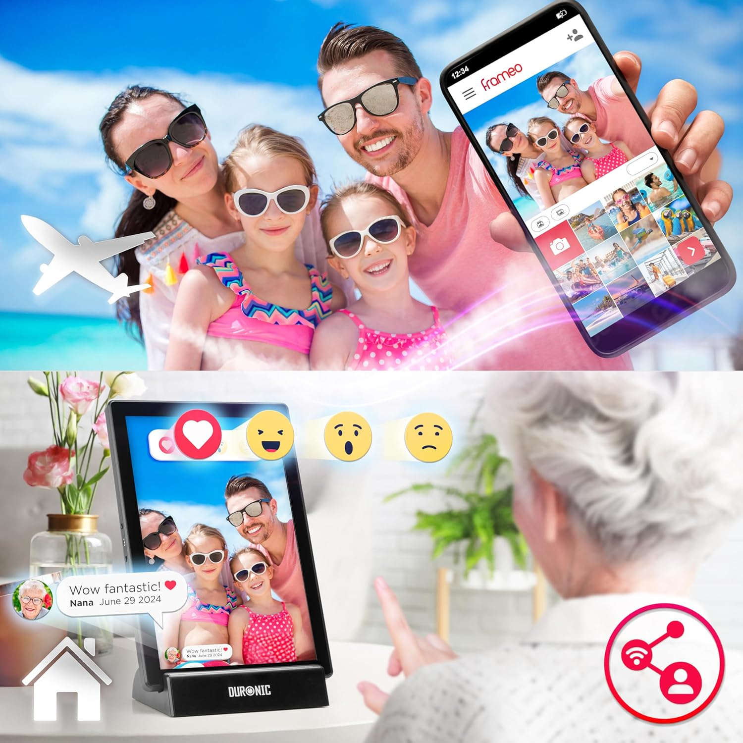 Eine Familie betrachtet einen digitalen Bilderrahmen mit Fotos. Weitere Bilder zeigen Interaktionsoptionen.