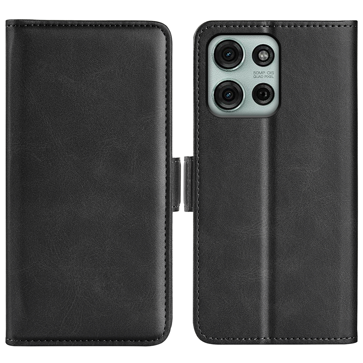 Zwarte leren telefoonhoes met magnetische sluiting, gesloten, achterkant van de telefoon.