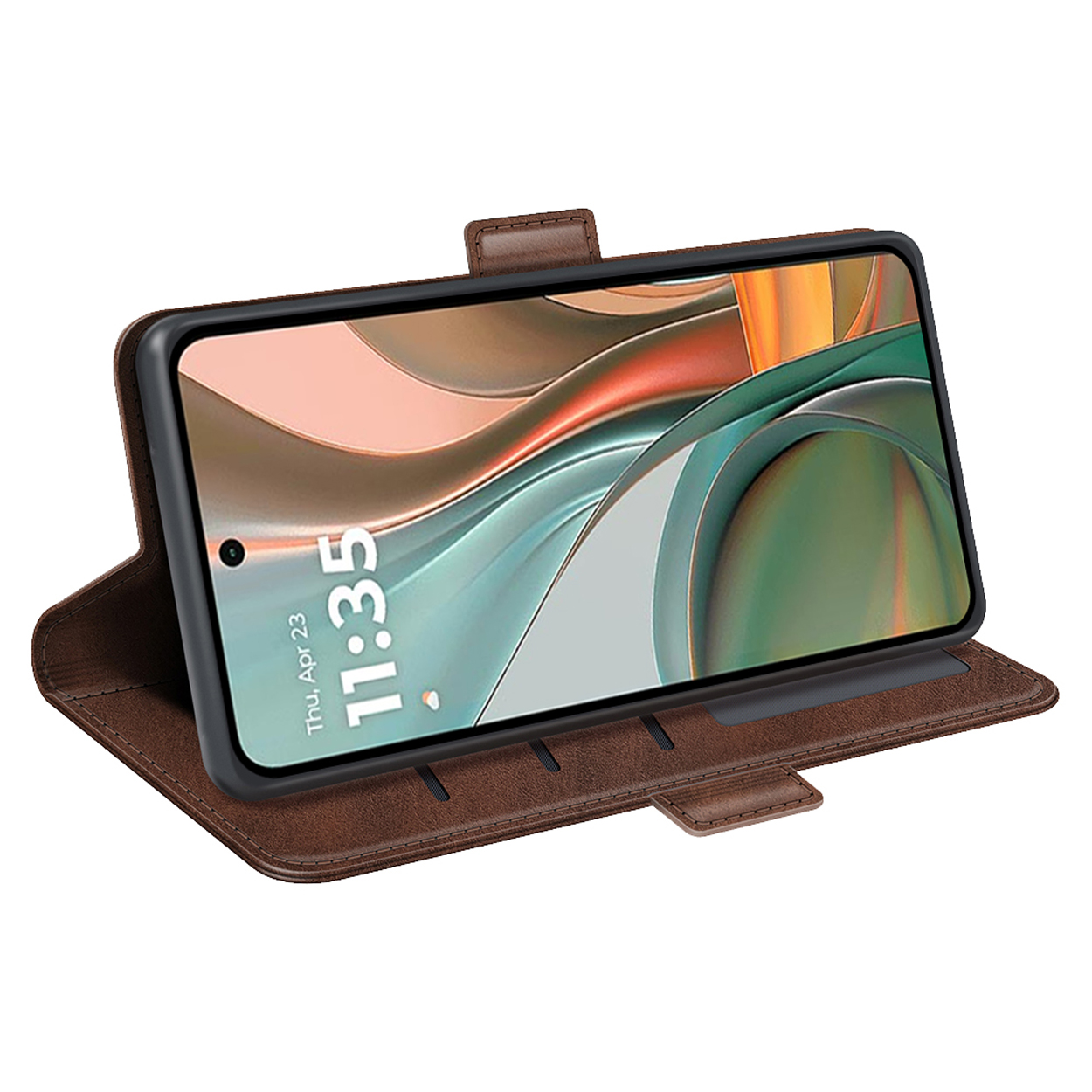 Bruine telefoonhoes met telefoon. Telefoonscherm toont tijd. Hoes heeft kaartsleuven en een klep.