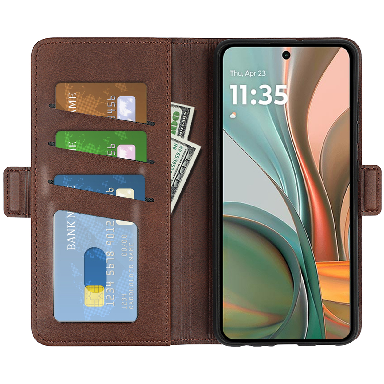 Bruine telefoonhoes open, met kaarten en geld zichtbaar, telefoonscherm aan.