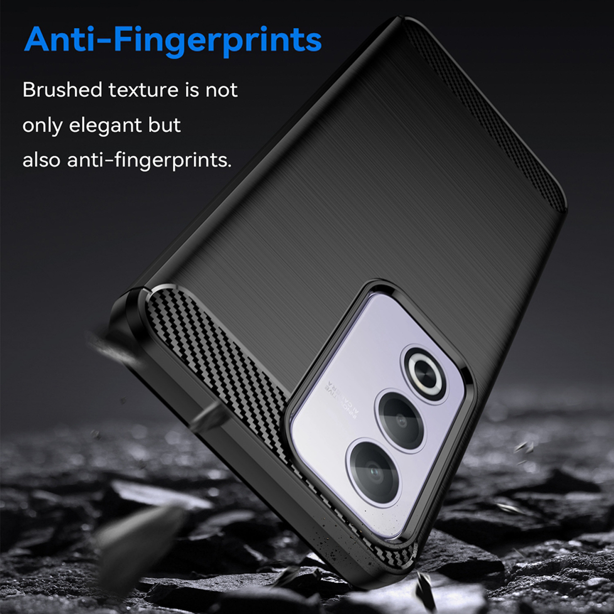 Une coque de téléphone noire avec un dos texturé et un design anti-traces de doigts, avec texte.