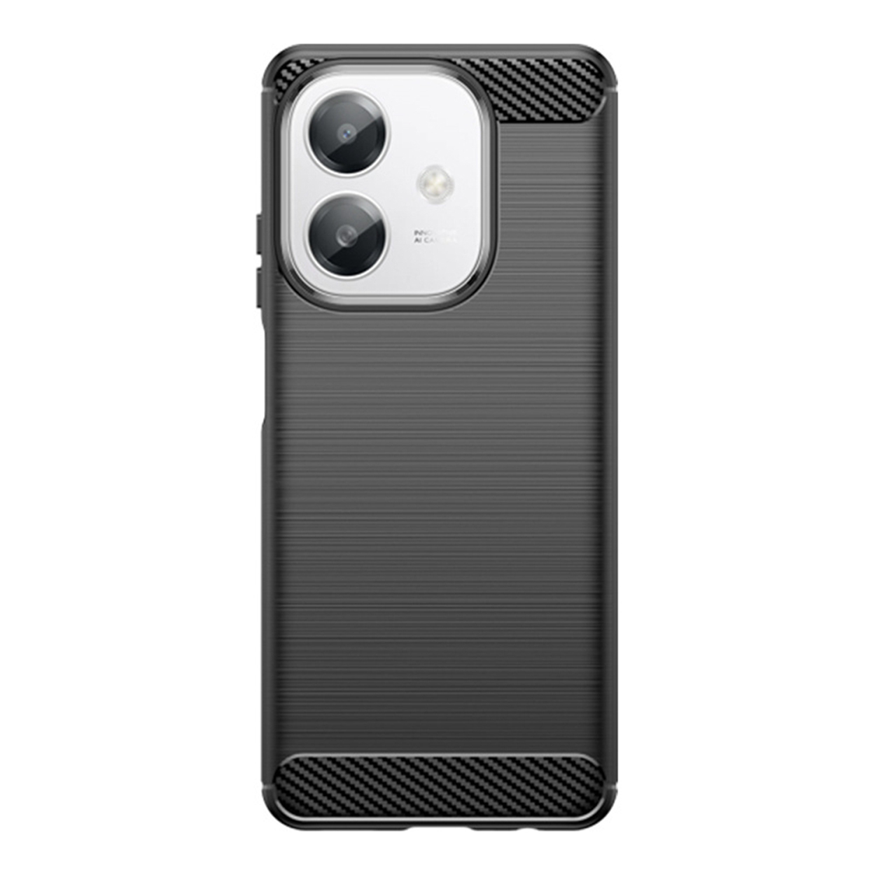 Een zwarte telefoonhoes met een textuur aan de achterkant en uitsparingen voor twee camera's.
