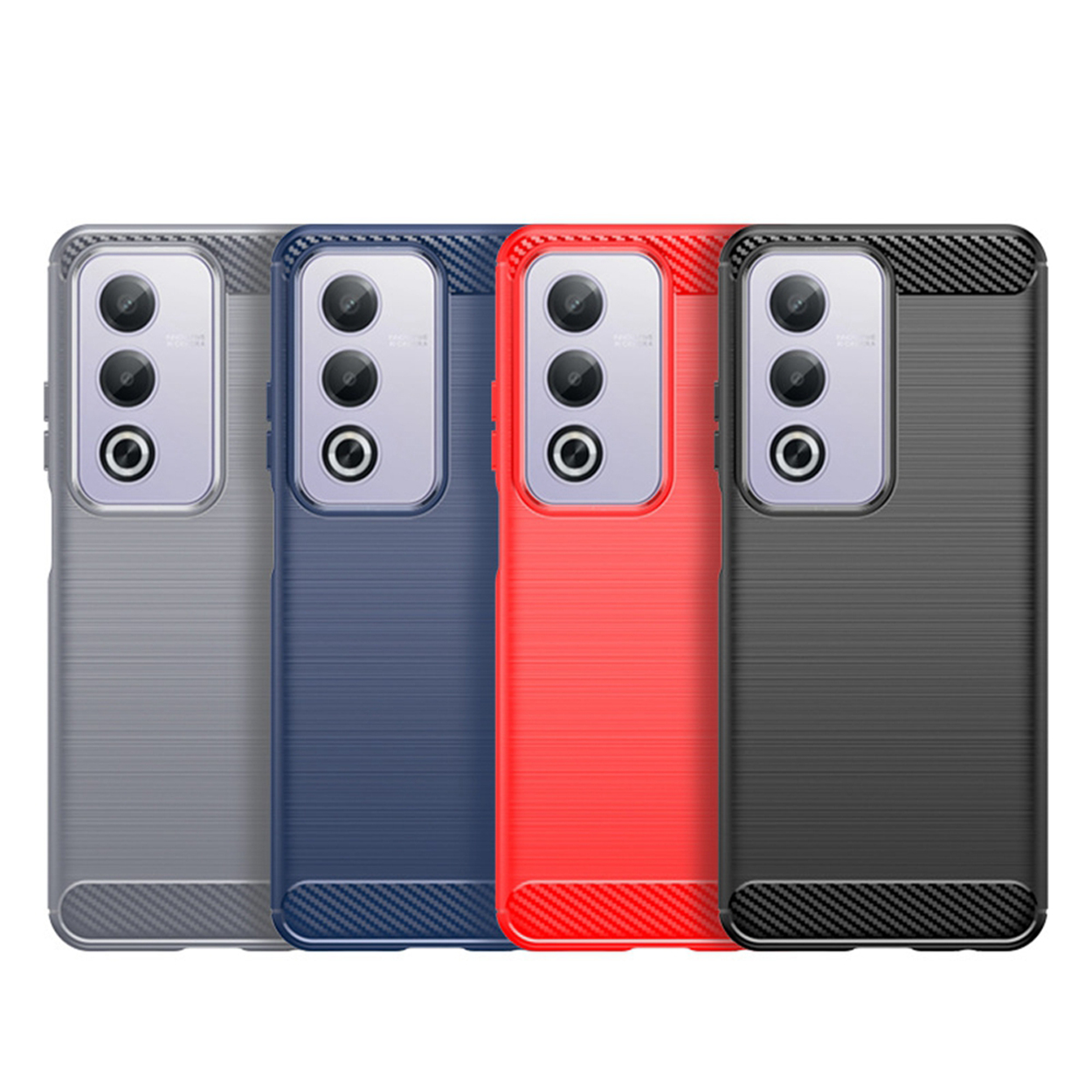 Quatre coques de téléphone de différentes couleurs : gris, bleu, rouge et noir. Elles partagent un motif texturé similaire.