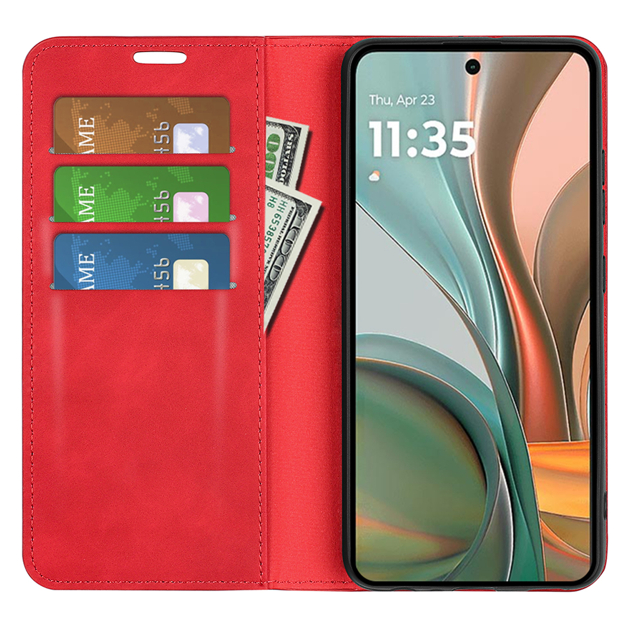 Open rode telefoonhoes met telefoon, kaarten en geld. De telefoon toont een klok.