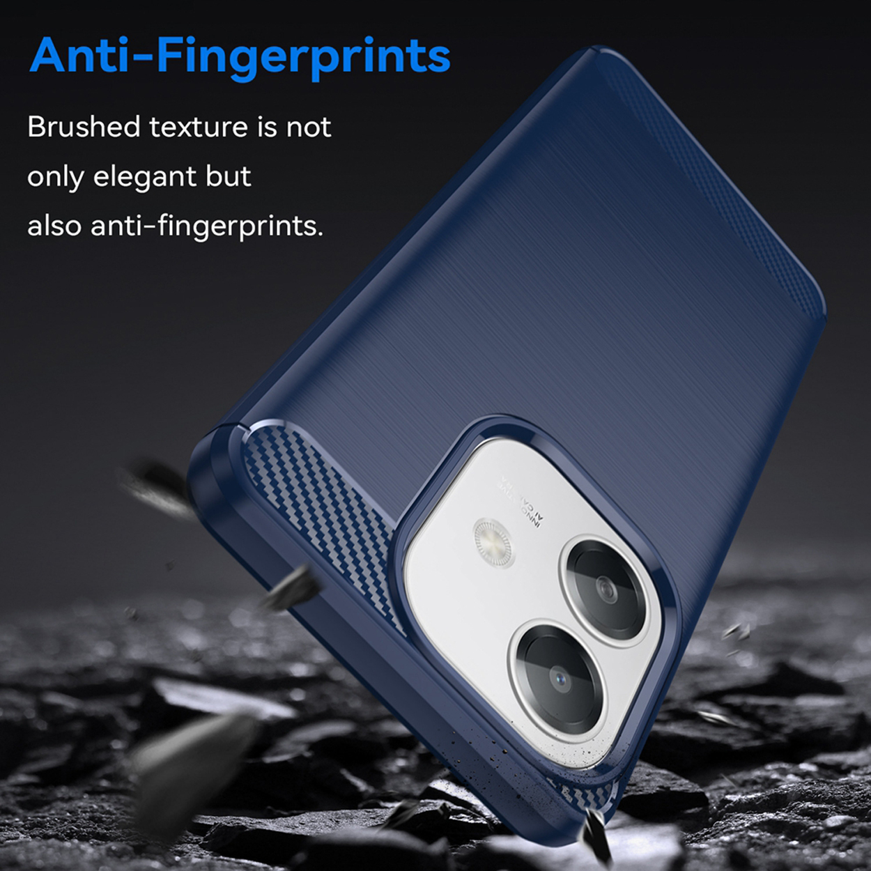 Donkerblauwe telefoonhoes met een geborstelde textuur. Tekst: Anti-vingerafdrukken. Geborstelde textuur is elegant en anti-vingerafdrukken.