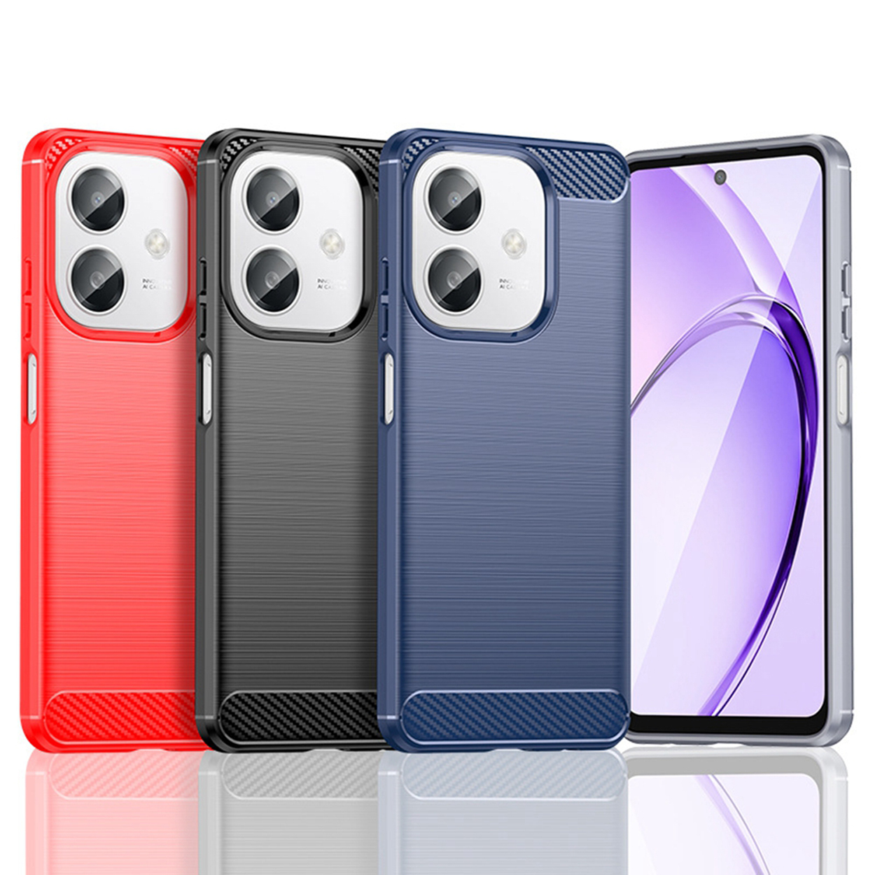 Telefoonhoesjes: rood, zwart en blauw, met een gestructureerd ontwerp, met een telefoon rechts.