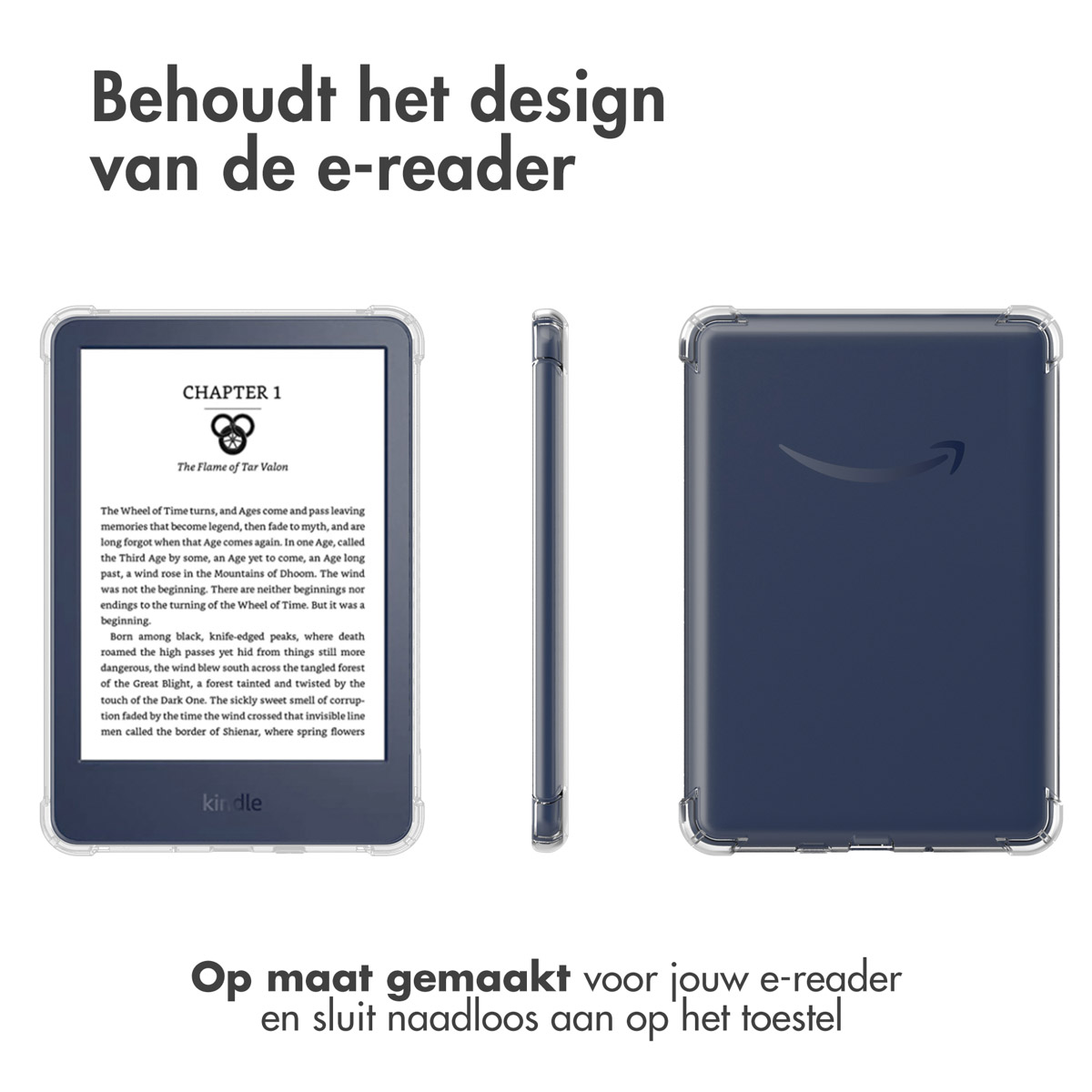 Liseuse avec étui transparent, affichant du texte. Logo Amazon au dos.