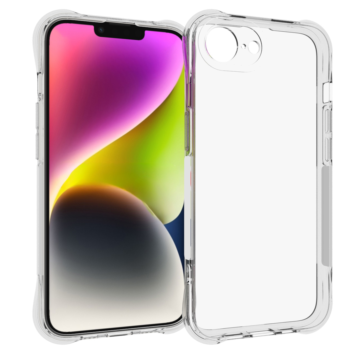 Transparante telefoonhoes bovenop een telefoon met een kleurrijk scherm, op een witte achtergrond.