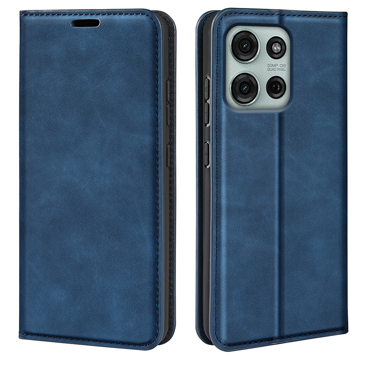 Blauwe telefoonhoes, open en dicht, met een camera en telefoongegevens zichtbaar.