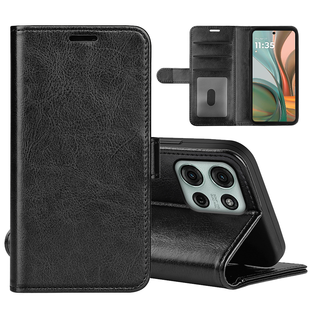 Zwarte leren telefoonhoes, open en dicht, met telefoon en kaartsleuven.
