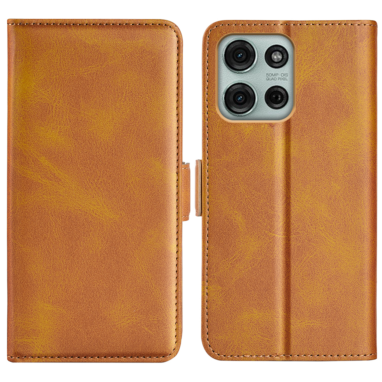 Une coque de téléphone brun doré, ouverte et fermée, avec la caméra du téléphone. Une fermeture magnétique est visible.