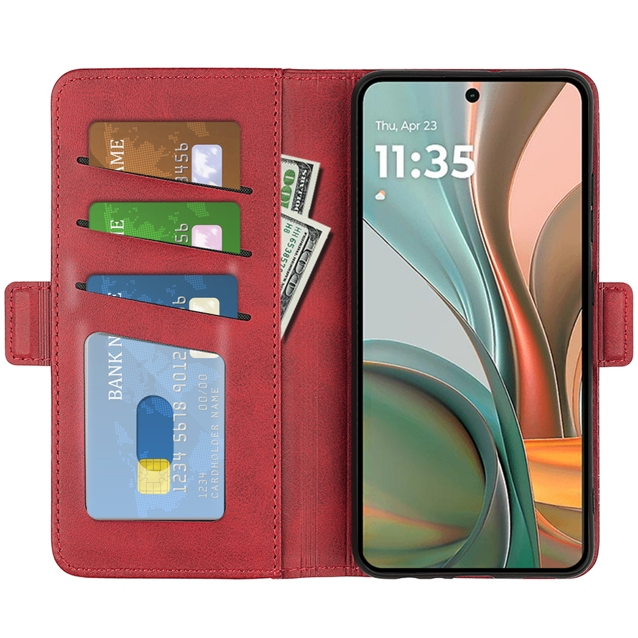 Rode leren telefoonhoes open, met telefoon, kaarten en contant geld in de sleuven.