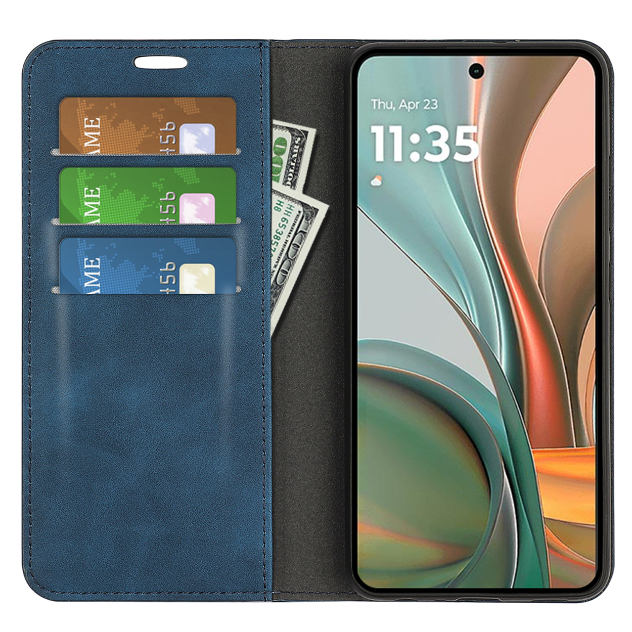 Blauwe telefoonhoes open, met kaarten en dollarbiljetten. De telefoon toont de tijd 11:35.