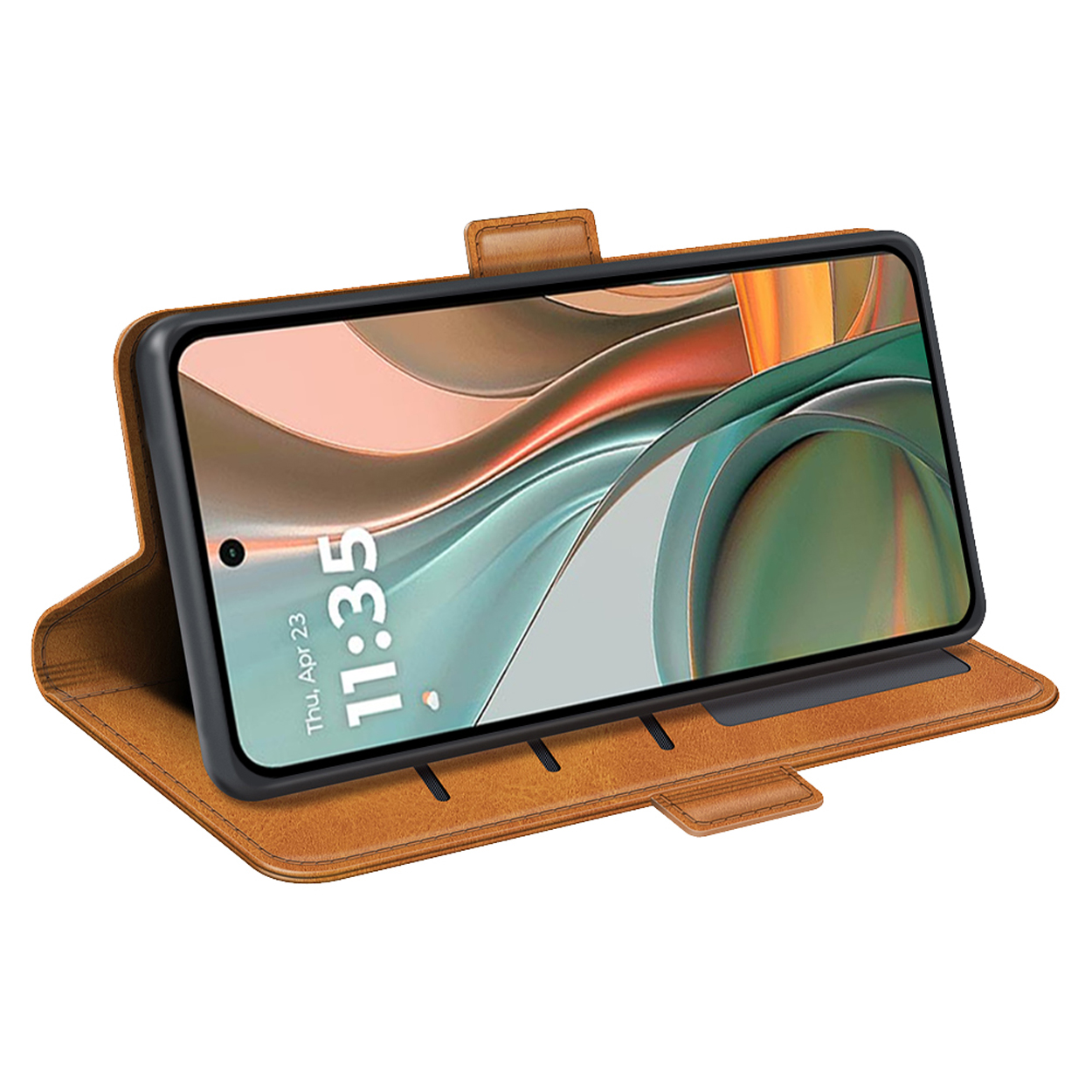 Étui de téléphone marron avec un téléphone à l'intérieur. Le téléphone affiche l'heure : 11h35. L'étui est ouvert et l'écran est visible.