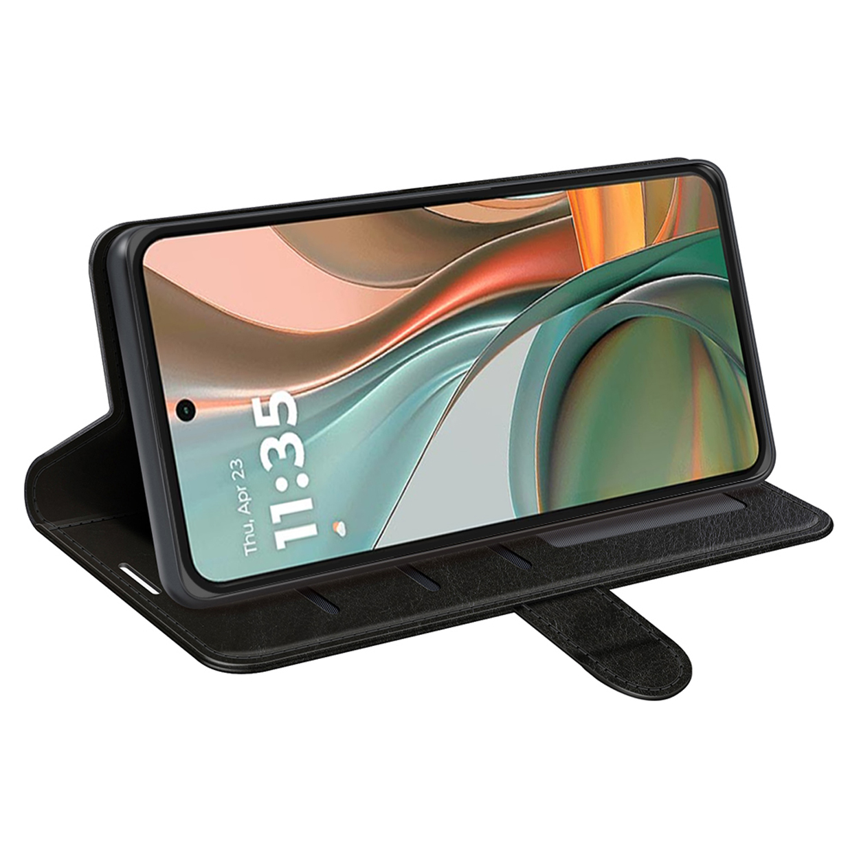 Zwarte telefoonhoes open, telefoon toont tijd, met een standaard.