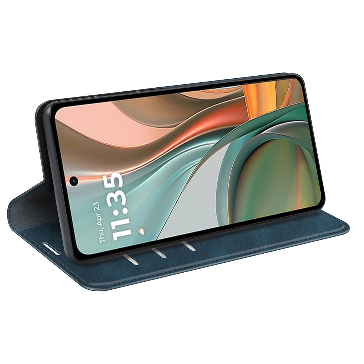 Open telefoonhoes, toont een telefoon met de tijd op het scherm, in een blauwe hoes.
