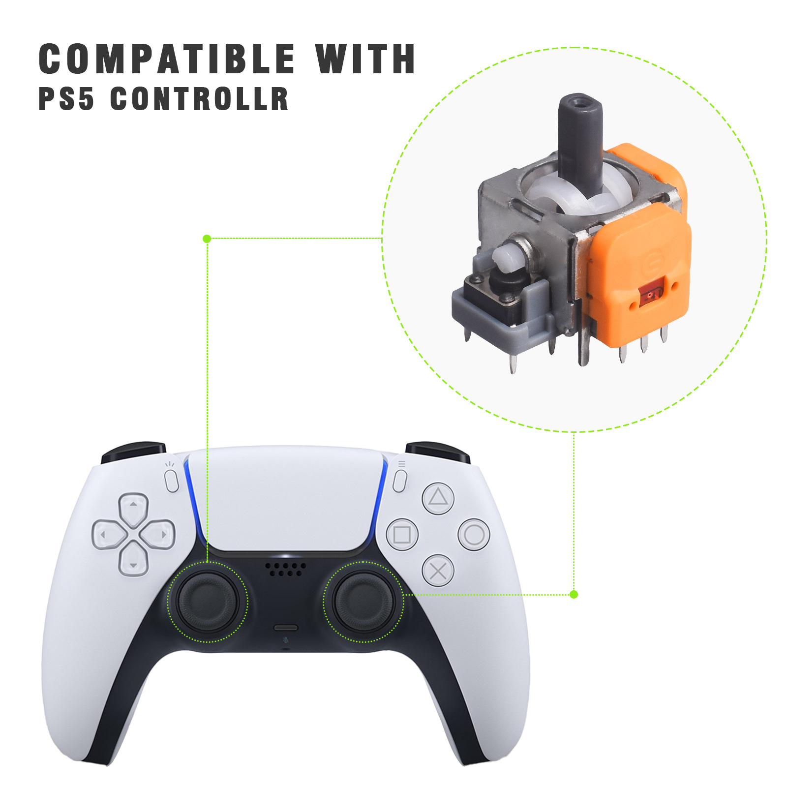 White PS5 controller with highlighted buttons and a circular diagram of a controller component.