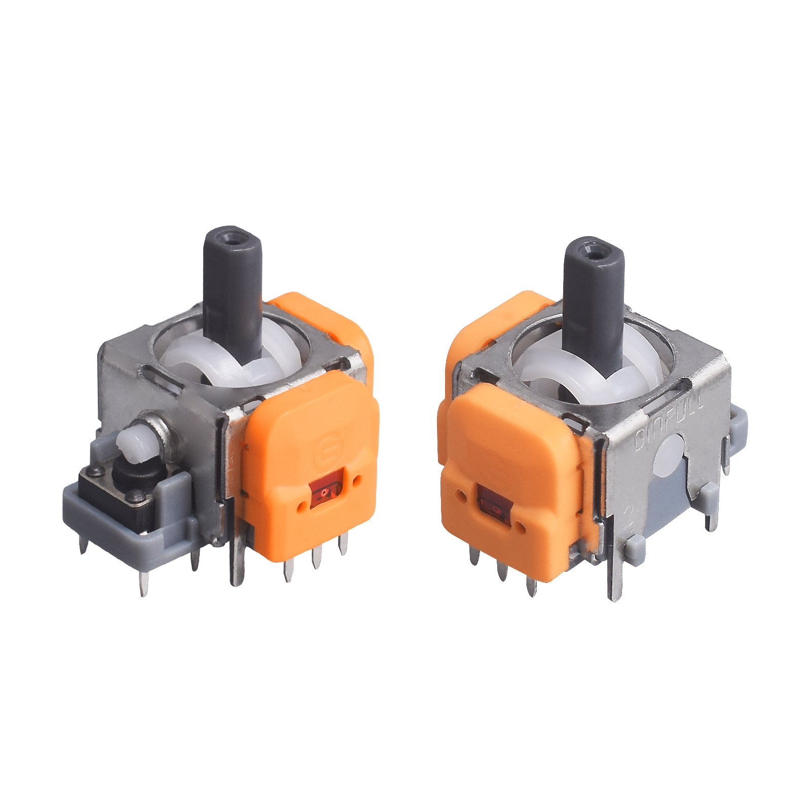 Two joystick components. Orange casing, gray and white details. They have pins for connection.