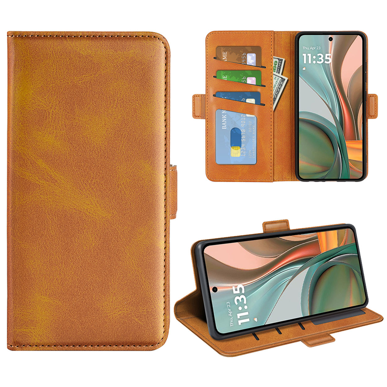 Étui de téléphone en cuir orange, ouvert, avec téléphone et cartes visibles. Le téléphone affiche l'heure.