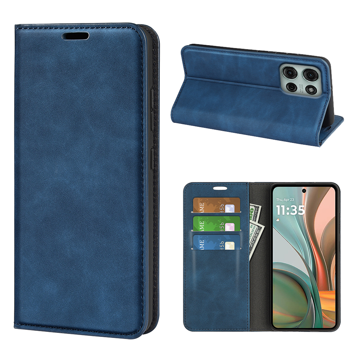 Blauwe telefoonhoes, open. Telefoon toont startscherm. Kaarten en contant geld in vakken.